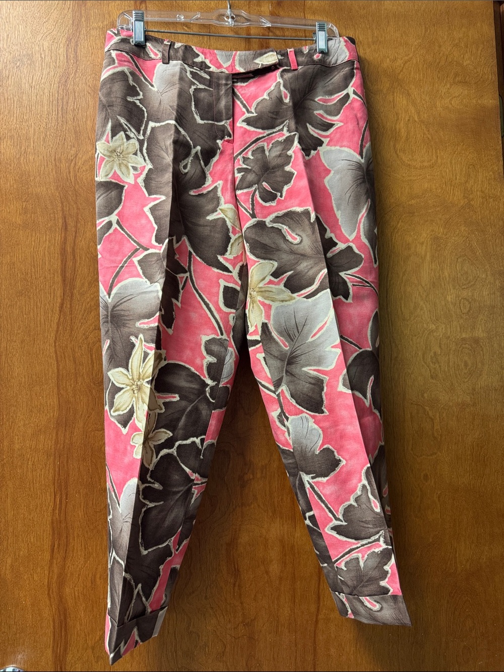 Talbots Pink & Brown Floral and Palm Tropical Ankle Length Pants with Cuffs